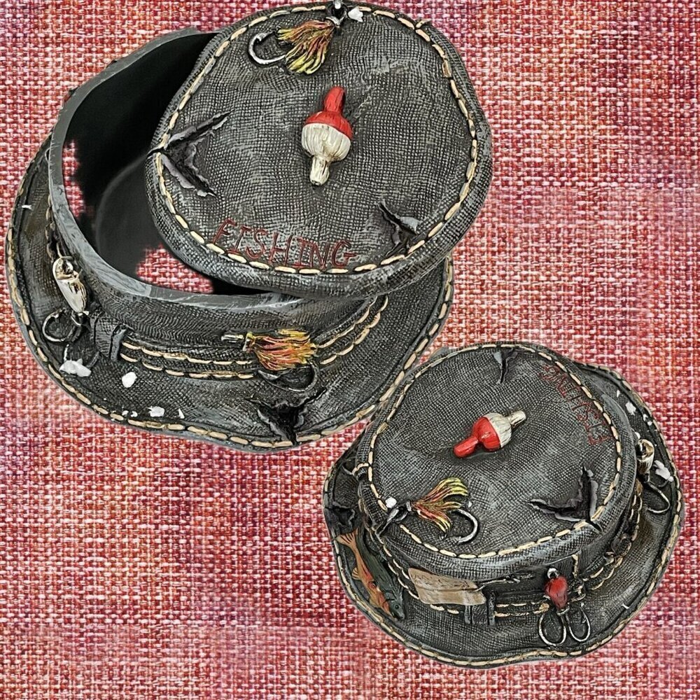Hobby Lobby Gray Rustic Fishing Hat with Tackle Detail Resin Jewelry Box